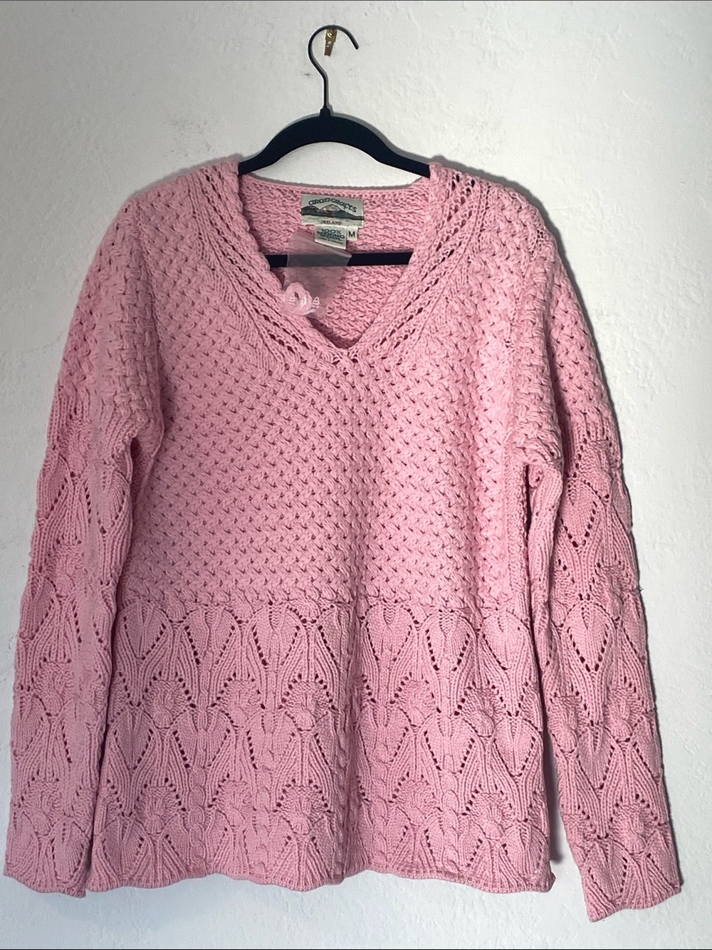 Aran Crafts Pink V-Neck Textured Knit Sweater